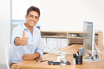 Image showing Happy businessman, portrait and thumbs up at office for career success, winning or good job. Man or employee smile with like emoji, yes sign or OK for thank you or approval by computer at workplace