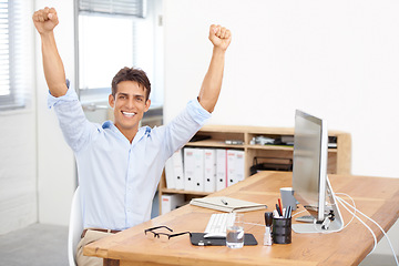 Image showing Happy businessman, portrait and fist pump in celebration for winning, success or bonus promotion at office. Excited man or employee smile by desk for prize, deal or good news on computer at workplace