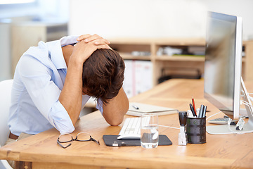 Image showing Frustrated businessman, headache and mistake in stress, burnout or fatigue by computer at the office. Man or employee with migraine in anxiety, mental health or work pressure by PC desk at workplace