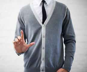 Image showing Person, hand and businessman in fashion, loser emoji and sign for mistake, professional and employee. Product placement, marketing geek and pointing as manager and closeup of man in corporate wear