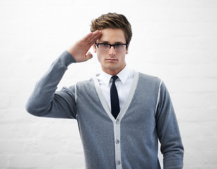 Image showing Man, hand and businessman in fashion, greeting emoji and sign for hello professional and employee. Nerdy person, marketing geek and funky as manager and stylish man in modern corporate clothes