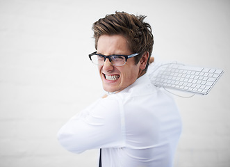 Image showing Man, angry and hitting with keyboard, boss and portrait to employee for work, report or job. Frustrated, employer and furious on white background, problem or failure with bad news, stress or risk
