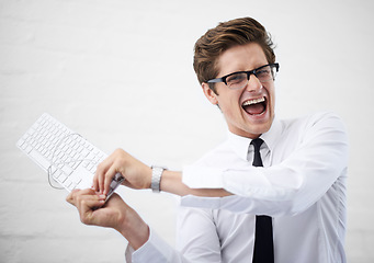 Image showing Man, angry and shouting with keyboard, boss and portrait to employee for work, report or job. Frustrated, employer and furious on white background, problem or failure with bad news, stress or risk