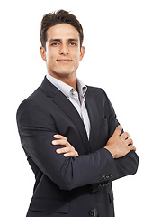 Image showing Business man, arms crossed and professional portrait with confident investment banker isolated on white background. Corporate career, finance consultant in a suit and pride with ambition in a studio