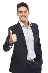 Image showing Business man, thumbs up in portrait and success in studio, yes vote or review with like emoji on white background. Corporate professional, communication and feedback with hand gesture for agreement