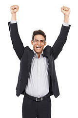 Image showing Business man, arms up for celebration or bonus at work, professional success and smile in portrait on white background. Happy corporate employee, achievement and cheers with fist pump for winning