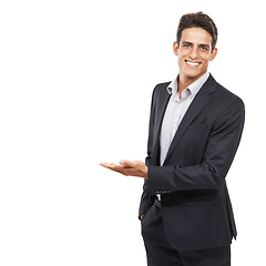 Image showing Business man, show presentation and mockup space with smile in portrait, advertising and communication in studio. Corporate opportunity, offer with information or announcement in studio for marketing