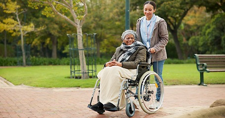 Image showing Nurse, peace and park with old woman in a wheelchair for retirement, elderly care and physical therapy. Trust, medical and healthcare with african patient and caregiver in nature for rehabilitation