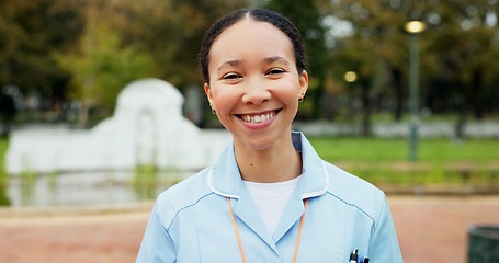 Image showing Professional nurse woman, park and face with smile, young and excited for healthcare career in Toronto. Medic girl, outdoor and nature for walk, wellness and happy in summer sunshine in portrait