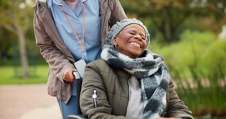 Image showing Nurse, peace and park with old woman in a wheelchair for retirement, elderly care and physical therapy. Trust, medical and healthcare with african patient and caregiver in nature for rehabilitation