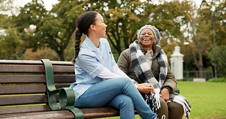 Image showing Nurse, retirement and park with old woman in a wheelchair for happy, elderly care and physical therapy. Trust, medical and healthcare with senior patient and caregiver in nature for rehabilitation