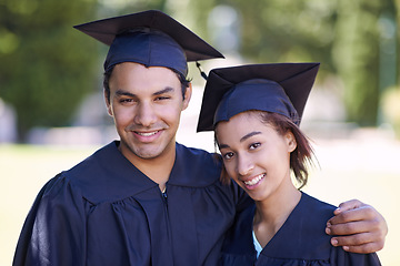 Image showing Happy couple, portrait and hug together for graduation, qualification or career ambition in education. Face of man, woman student or graduate smile for higher certificate, diploma or degree in nature