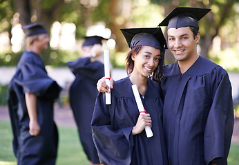 Image showing Happy couple, portrait and hug with certificate for graduation, qualification or education in nature. Man and woman student or graduate smile in higher certificate, diploma or degree together outdoor