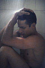 Image showing Man, shower and depression or stress in bathroom and grooming in morning routine, water and care for healthy skin. Male person, cosmetology and skincare or clean, naked and mental health at home