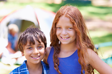 Image showing Camping, children and relaxing in portrait while outside, bonding and happy for outdoor adventure. Kids, face and smiling together on holiday, friendship and vacation in nature, childhood and grass