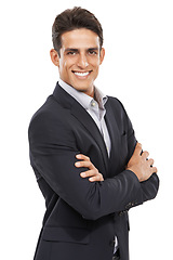 Image showing Businessman, arms crossed and smile for portrait, confident and professional on white studio background. Man, young and ready for career, face and employer for startup, mockup space and corporate
