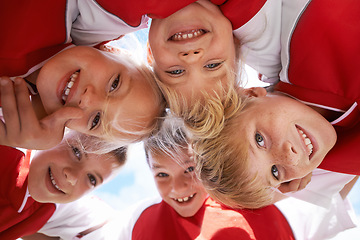 Image showing Children, portrait and soccer team huddle in outdoors, happy and collaboration or support. People, kids and boys together for match and partnership, smiling and solidarity in circle by sky background