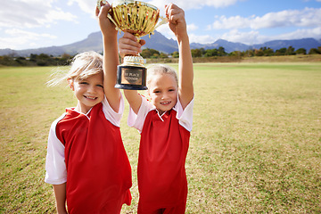 Image showing Celebration, teammates and children with cup, boys and girls with victory, support or proud. Achievement, sports and friendship, together and happy for win, ready for game or physical activity