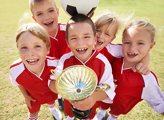 Image showing Children, soccer team and portrait with cup, boys and girls with victory, support or solidarity. Achievement, sports and friendship, together and happy for win, ready for game or physical activity