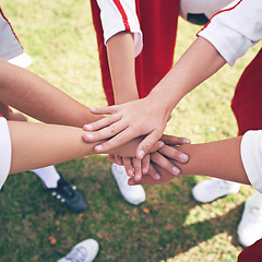 Image showing Hands, huddle and solidarity in children soccer team, team building and collaboration or support in circle. People, group and teamwork or partnership and trust in community, unity and connection