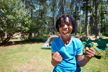 Image showing Child, portrait and excited for camping adventure in outdoors, happy and relaxing on vacation or holiday. Black male person, kid and face or confident in park, childhood and summer or freedom on lawn