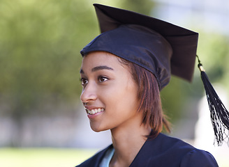 Image showing Woman, graduate and college achievement with education, cap and gown for ceremony outdoor. Mockup space, smile and graduation event for academic success, higher learning and certification with pride