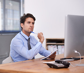 Image showing Business man, thinking and writing in notebook, contemplating ideas and notes in workplace. Male professional, planning and agenda for schedule or strategy, company journal and solution or info