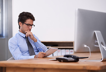 Image showing Businessman, thinking and information in notebook, contemplating ideas and notes in workplace. Male professional, planning and agenda for schedule or strategy, company journal and writing a solution