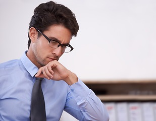 Image showing Businessman, thinking and confident professional in office, relaxing and career pride in workplace. Male person, contemplating and startup or entrepreneur, ideas and planning for future company