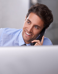 Image showing Businessman, phone call and smile on landline in workplace, contact and consulting in office. Businessperson, professional and communication or discussion, technology and connection for networking