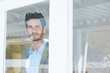 Image showing Man, inspiration at window and thinking of business ideas, brainstorming or reflection with insight at workplace. Corporate professional, mission with decision and future in company with planning