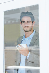 Image showing Man, tea and window with thinking of business ideas, brainstorming or reflection with insight and inspiration. Corporate professional, coffee break with decision and future in company with planning