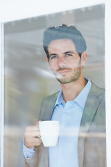 Image showing Man, coffee and window with thinking of business ideas, brainstorming or reflection with insight and inspiration. Corporate professional, tea break with decision and future in company with planning