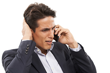 Image showing Business man, confused or mistake with phone call, deal negotiation fail and networking on white background. Connection, worried professional and scratch head for crisis and communication in studio