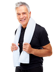 Image showing Senior man, happy and gym towel in portrait, confident and exercise in sportswear, fitness and white studio background Retired, positive and athlete ready for workout, body and athletic male person