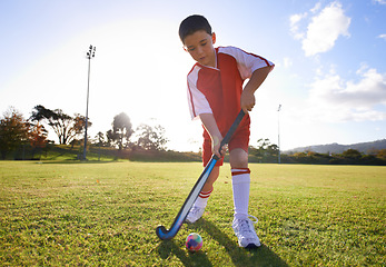 Image showing Kid, ball and playing hockey on green grass for game, sports or outdoor practice match. Young child or player enjoying day on field for fitness, activity or training alone in nature with blue sky
