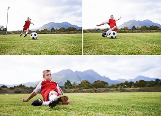 Image showing Happy boy, soccer and collage of slide tackle on green grass or field for outdoor match or game. Male person, child or football player playing with ball for sports or competition on stadium in nature