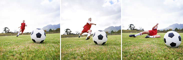 Image showing Boy, soccer and collage of slide tackle on green grass or field for outdoor match or game. Male person, child or football player of kid playing with ball for sports competition on stadium in nature