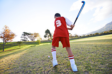 Image showing Child, ball and hockey on green grass for game, sports or outdoor practice match in nature. Rear view of young kid or teen player enjoying day on field for fitness, activity or training with blue sky