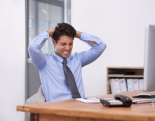Image showing Business man, burnout and anger at work with paralegal in office, stress about job and overworked. Anxiety, mental health and pressure with frustrated employee at desk, crisis or disaster with fail