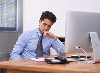 Image showing Business man, burnout and thinking at work with paralegal in office, stress about job and overworked. Disappointed, depression and pressure with tired employee at desk, crisis or disaster with sad