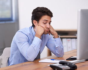 Image showing Business man, burnout and bored with fatigue, paralegal in office and sad about job. Overworked, bored and tired employee at desk with glitch on computer, exhausted and not interested in work