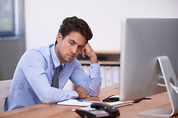 Image showing Business man, burnout and angry at work with paralegal in office, thinking of stress of job and overworked. Depression, sad and pressure with tired employee at desk, crisis or disaster with fail