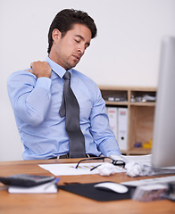 Image showing Business man, burnout and neck pain at work with data analyst in office, stress about job and overworked. Spine, muscle tension and pressure with tired employee at desk, crisis or disaster with fail