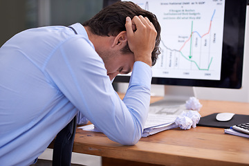 Image showing Business man, trader with burnout and fatigue at work, stress about job and overworked. Stock market crash, headache and pressure with tired employee at desk, crisis or disaster with trading fail