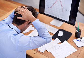 Image showing Business man, trader with burnout and tired at work, stress about job and graphs on screen. Stock market crash, headache and pressure with crisis or disaster in trading with numbers or stats fail