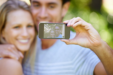 Image showing Selfie, photography or happy couple on social media in park to relax together on holiday vacation. Smile, woman or man in picture or photo for bonding with love, support or hug on an online post