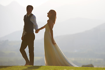 Image showing Walking, park or happy couple in wedding for outdoor celebration, care or ceremony event. Marriage, funny groom or bride laughing in bridal garment for commitment, love or fashion in summer or garden