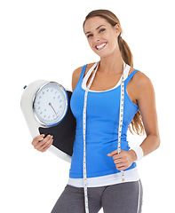 Image showing Scale, workout and woman in studio for fitness results, wellness and training with measure tape and portrait. Happy sports person or model for diet equipment or body progress on a white background