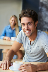 Image showing Portrait, flirting or happy man in cafe with a coffee to relax with smile, morning espresso or crush. Face, romance or male person with tea, cappuccino or woman with love, peace or calm in restaurant